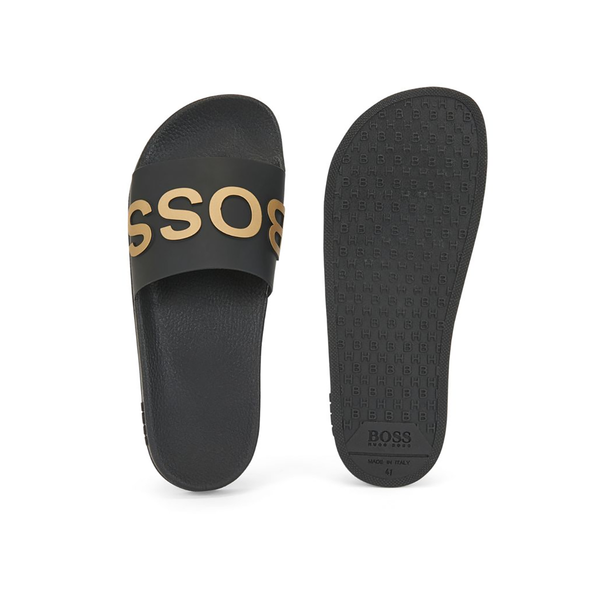 BOSS ITALIAN MADE SLIDERS WITH LOGO STRAP IN BLACK/GOLD