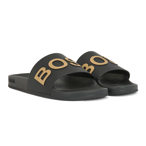 BOSS ITALIAN MADE SLIDERS WITH LOGO STRAP IN BLACK/GOLD