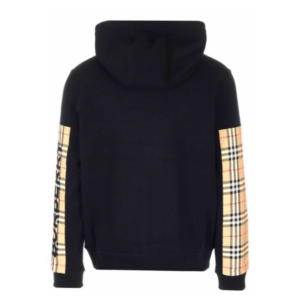 BURBERRY LOGO PRINT VINTAGE CHECK PANEL COTTON HOODED JACKET IN BLACK