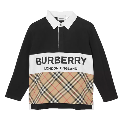 BURBERRY BOYS CHECK PANEL POLO IN BLACK