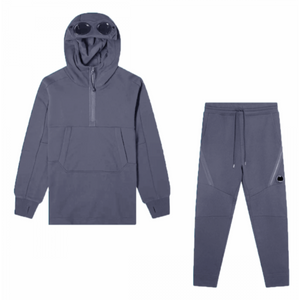 CP COMPANY DIAGONAL RAISED FLEECE QUARTER ZIP GOGGLE HOODIE TRACKSUIT IN BLUE