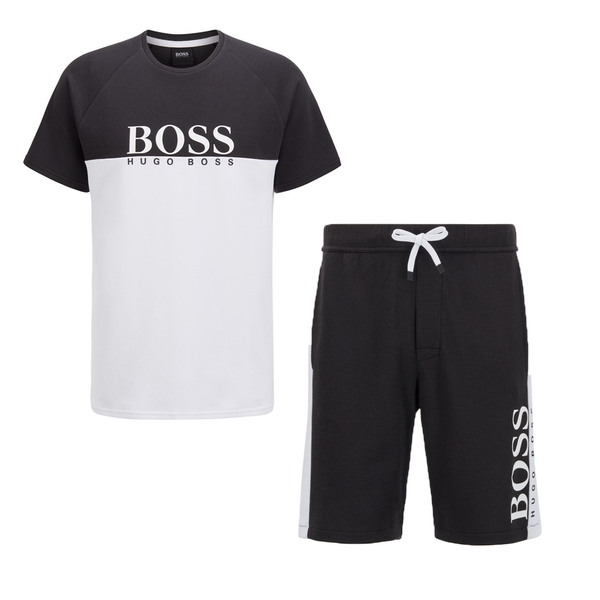 BOSS 'JACQUARD' T-SHIRT AND SHORT SET IN BLACK/WHITE